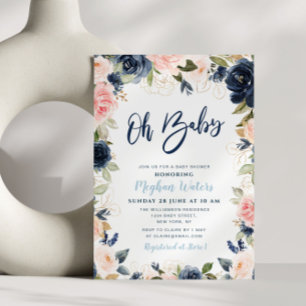 navy and blush floral baby shower invitation