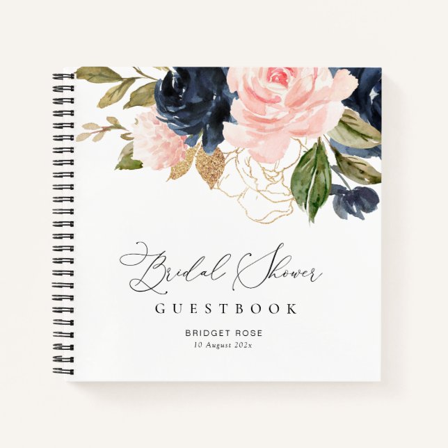 navy and blush floral bridal shower guestbook notebook (Front)
