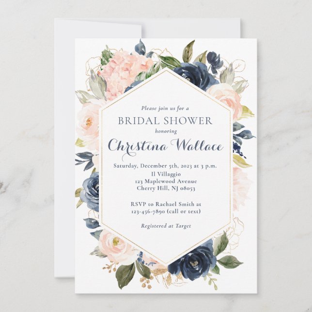 Navy and Blush Floral Bridal Shower Invitation (Front)
