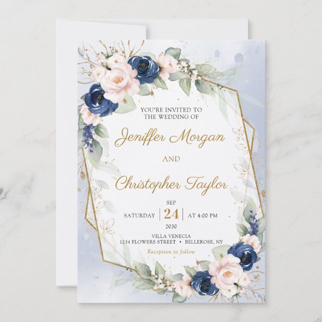 Navy and Blush Floral Eucalyptus Faux Gold Wedding Invitation (Front)