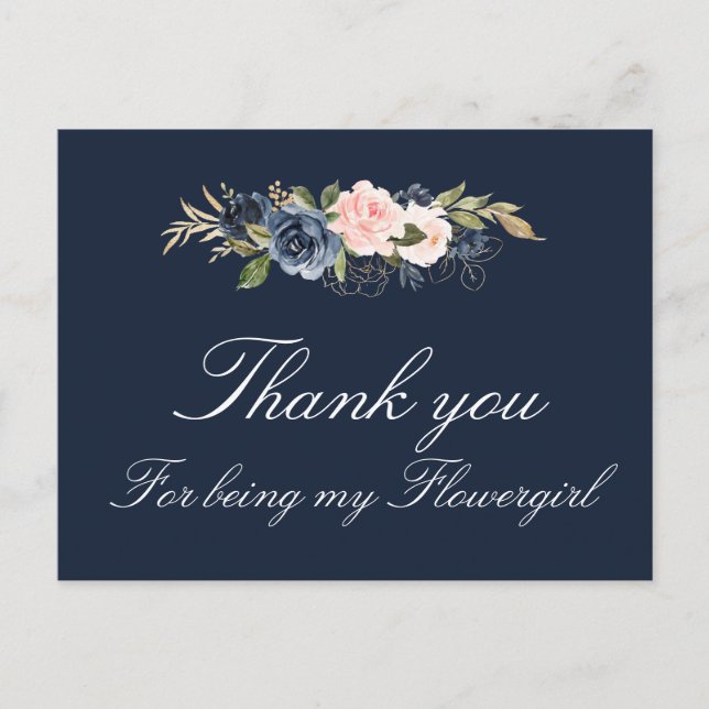 navy and blush floral flowergirl thank you card (Front)
