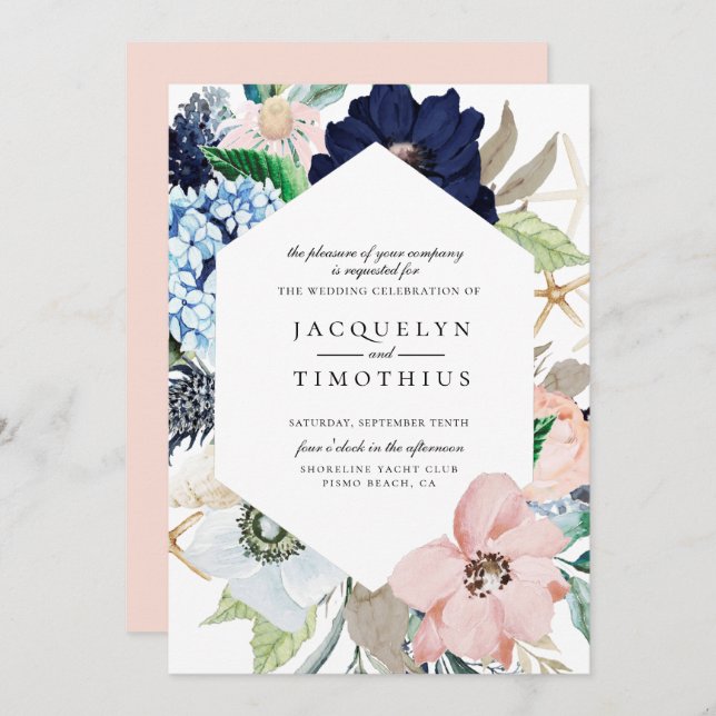 Navy and Blush Floral Frame Wedding Invitation (Front/Back)