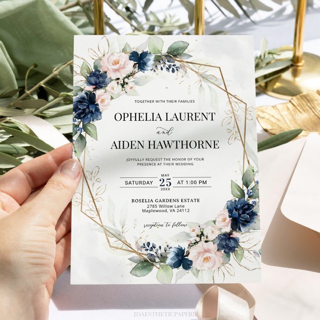 Navy and Blush Floral Geometric Wedding Invitation (Creator Uploaded)