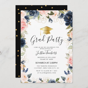 navy and blush floral grad party invitation