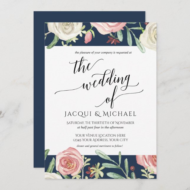 Navy and Blush Floral Ivory Wedding Roses Foliage Invitation (Front/Back)