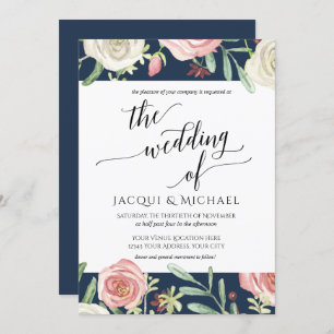 Navy and Blush Floral Ivory Wedding Roses Foliage Invitation