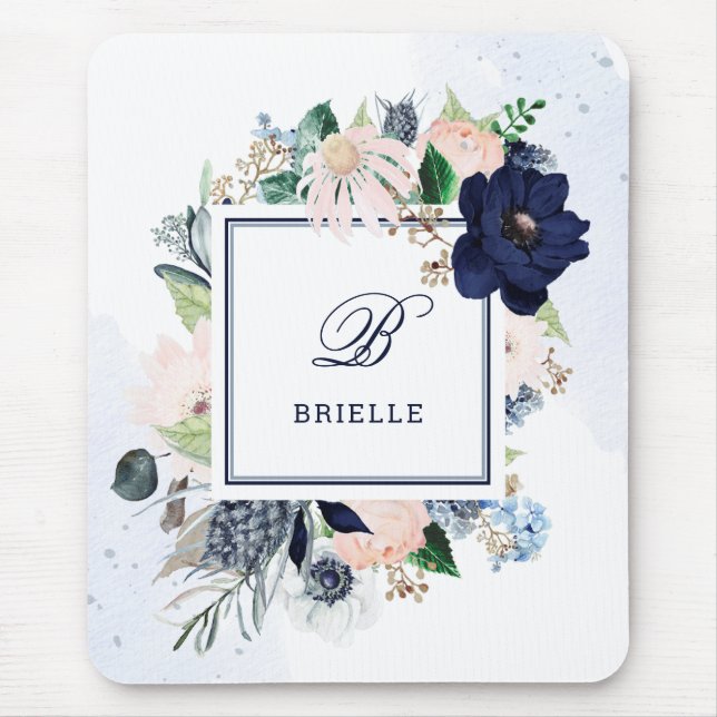 Navy and Blush Floral | Name and Monogram Mouse Pad (Front)