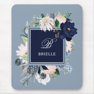 Navy and Blush Floral Name and Monogram Mouse Pad