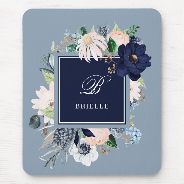 Navy and Blush Floral | Name and Monogram Mouse Pad (Front)