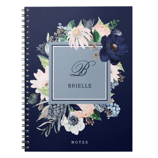 Navy and Blush Floral | Name and Monogram Notebook (Front)