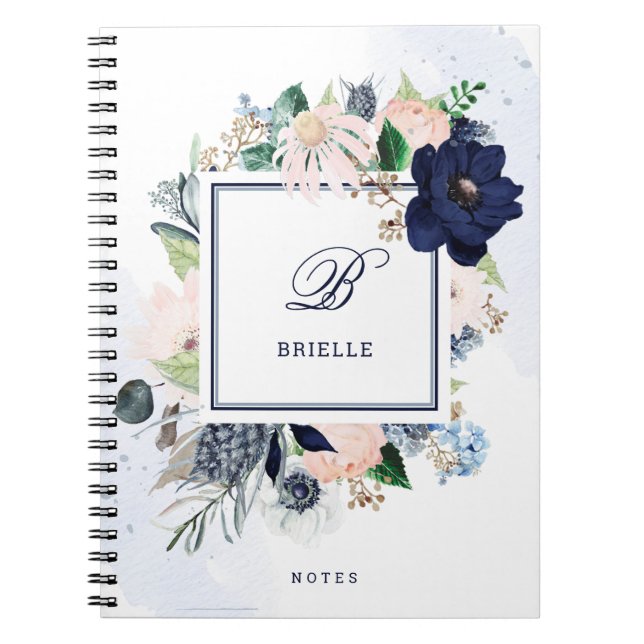 Navy and Blush Floral | Name and Monogram Notebook (Front)
