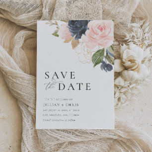 navy and blush floral save the date card