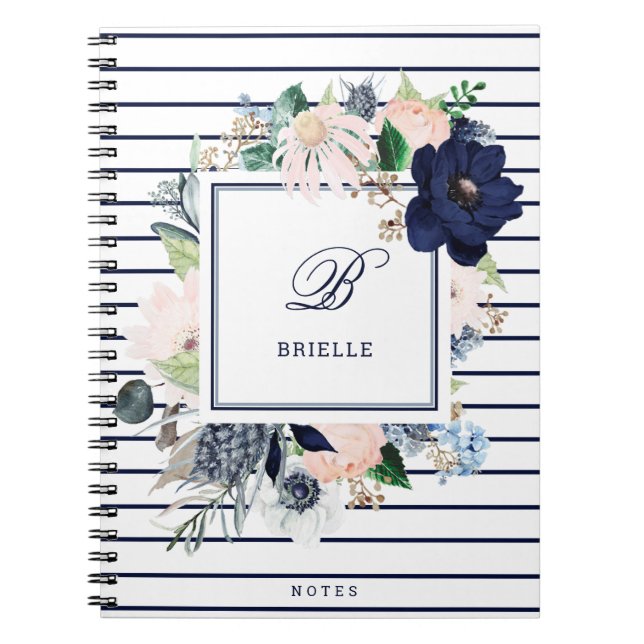 Navy and Blush Floral Stripe | Name and Monogram Notebook (Front)