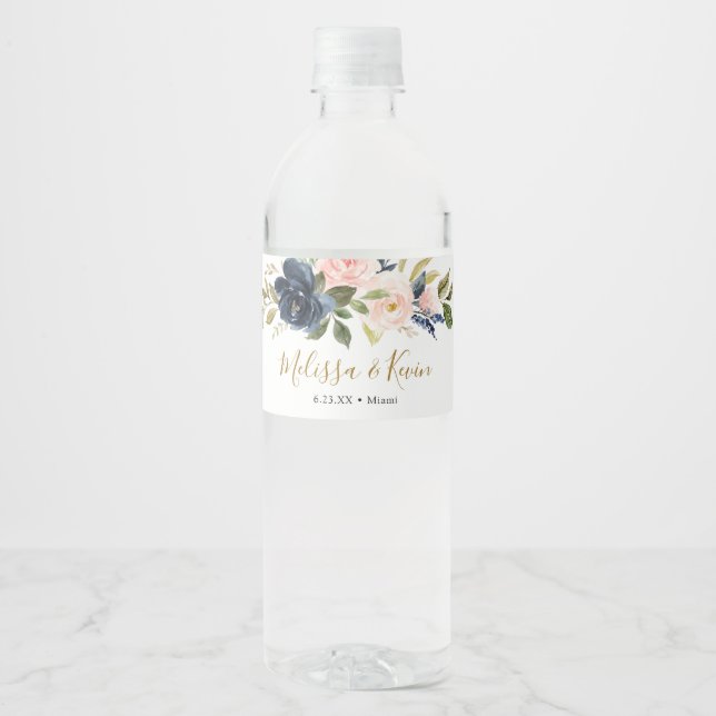 Navy and Blush Floral Water Bottle Label (Front)
