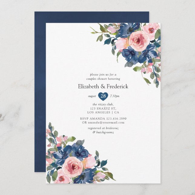 Navy and Blush Floral Wedding Couples Shower Invitation (Front/Back)