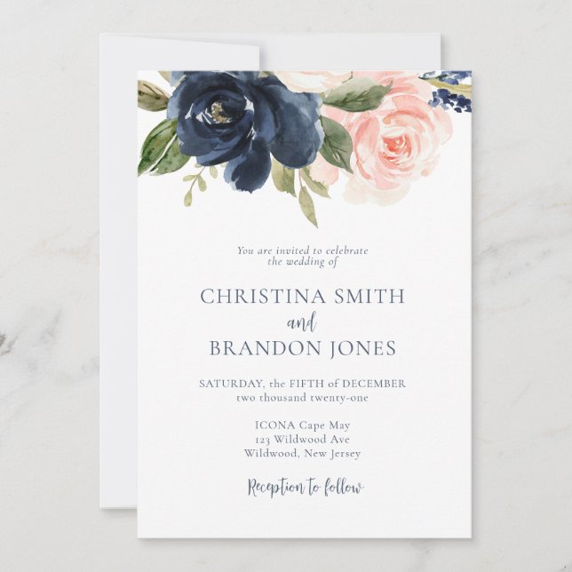 Navy and Blush Floral Wedding Invitation (Front)