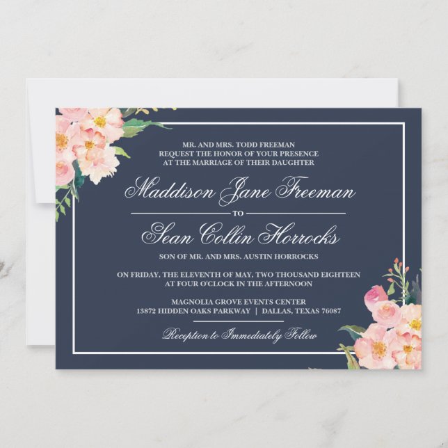 Navy and Blush Floral Wedding Invitation (Front)
