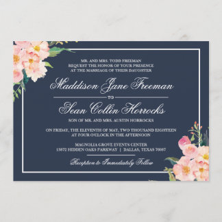 Navy and Blush Floral Wedding Invitation