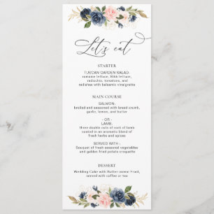 navy and blush floral wedding menu