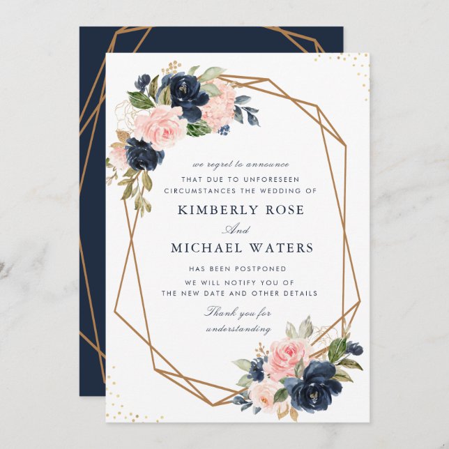Navy and blush floral wedding postponement card (Front/Back)