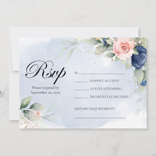 Navy and Blush Floral Wedding RSVP Invitation (Front)