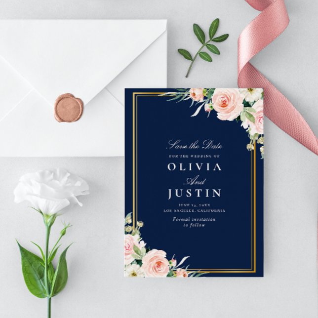 navy and blush floral wedding save the date card (Creator Uploaded)