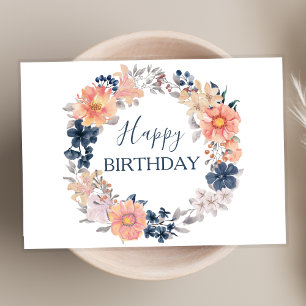 Navy and Blush Floral Wreath Happy Birthday Script Card