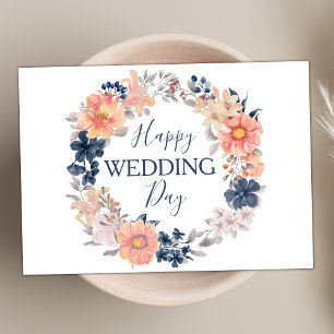 Navy and Blush Floral Wreath Happy Wedding Day Card