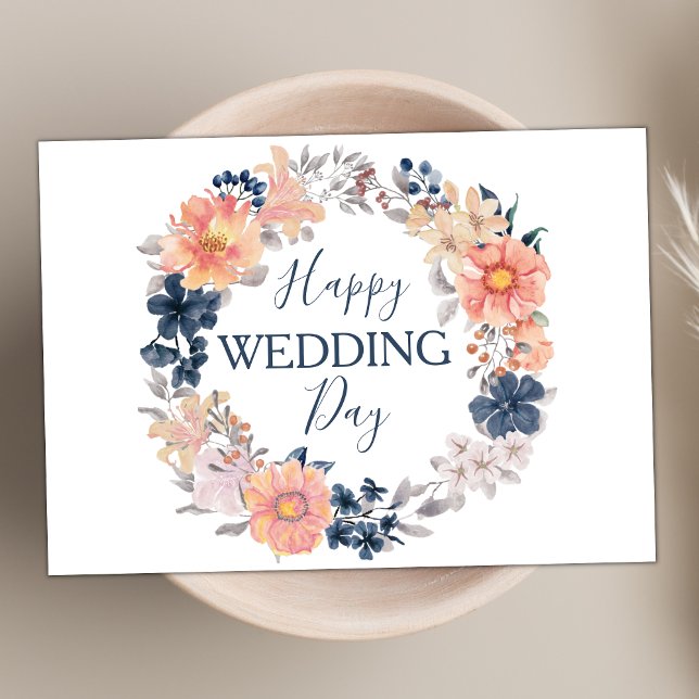 Navy and Blush Floral Wreath Happy Wedding Day Card (Creator Uploaded)