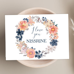 Navy and Blush Floral Wreath I Love You Greeting Card
