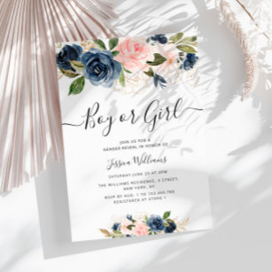 navy and blush flowers baby gender reveal invitation