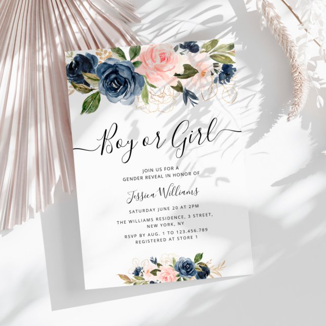 navy and blush flowers baby gender reveal invitation (Creator Uploaded)