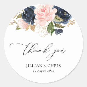 navy and blush flowers wedding classic round sticker