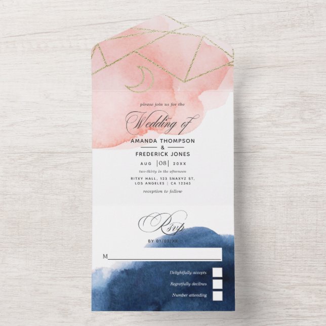 Navy and Blush Geometric Wedding All In One Invita All In One Invitation (Inside)