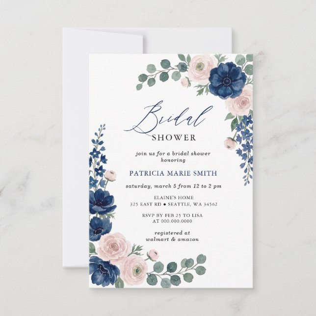 Navy and Blush Greenery Modern Bridal Shower Invitation (Front)