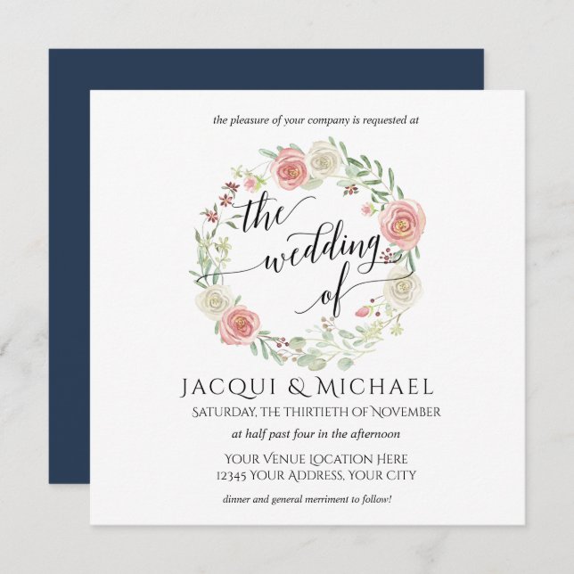 Navy and Blush Ivory Roses w Leaf Square Wedding Invitation (Front/Back)