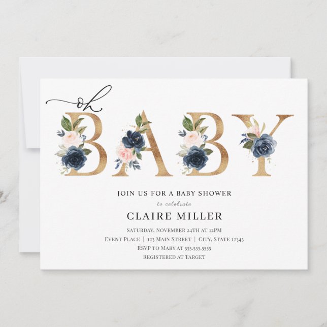 Navy and Blush Oh Baby Shower invitation (Front)
