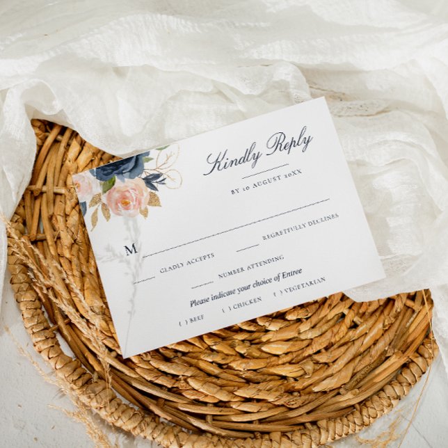 Navy and blush pink floral meal choice RSVP card (Creator Uploaded)