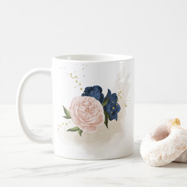 navy and blush pink flowers greenery coffee mug (With Donut)