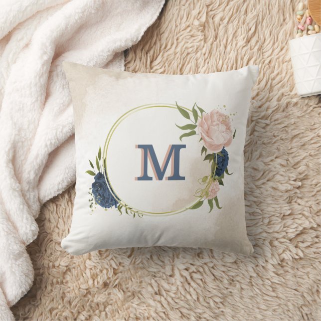 navy and blush pink flowers greenery cushion (Blanket)