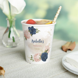 navy and blush pink flowers greenery  paper cups