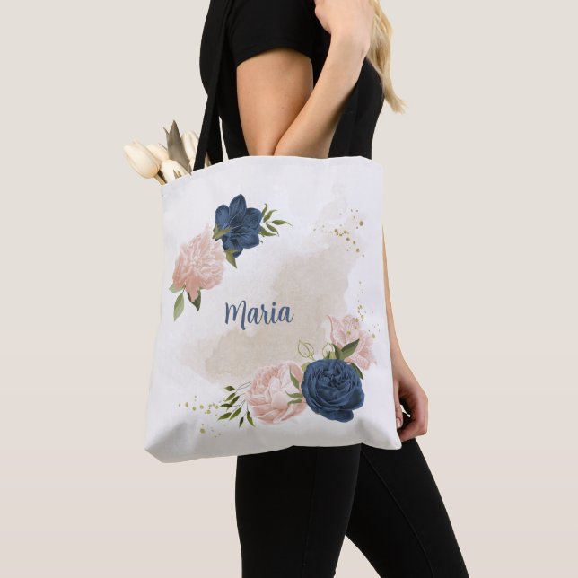 navy and blush pink flowers greenery tote bag (Close Up)