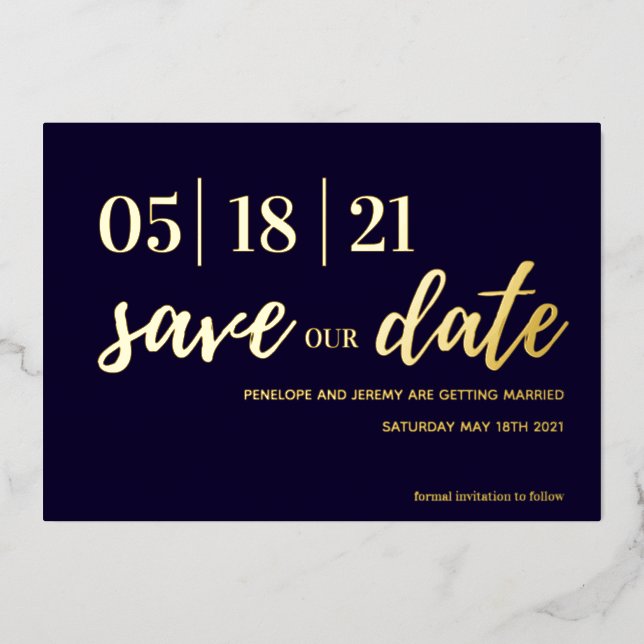 navy and blush pink gold foil script save the date (Front)