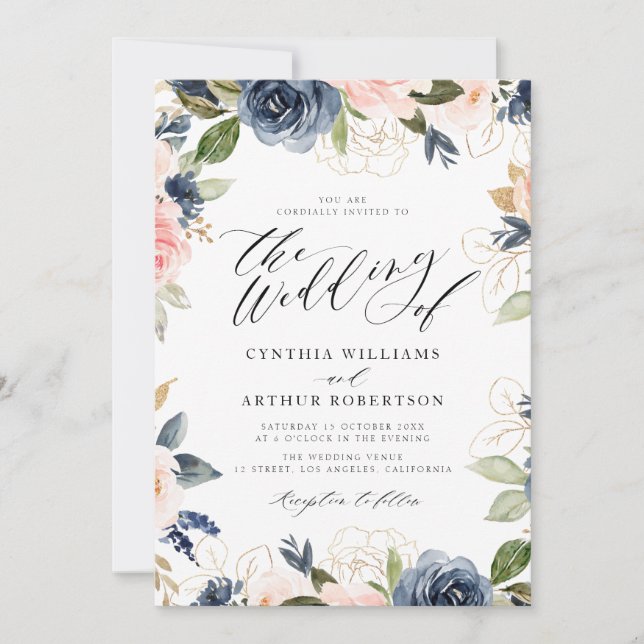 navy and blush pink roses wedding invitation (Front)