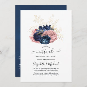 Navy and Blush Pink Vintage Roses Virtual Wedding Invitation