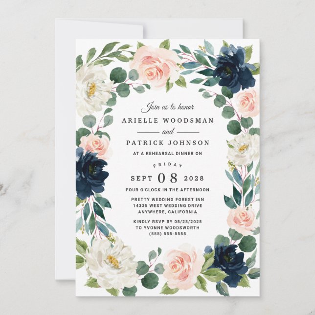 Navy and Blush Pink Watercolor Rehearsal Dinner Invitation (Front)