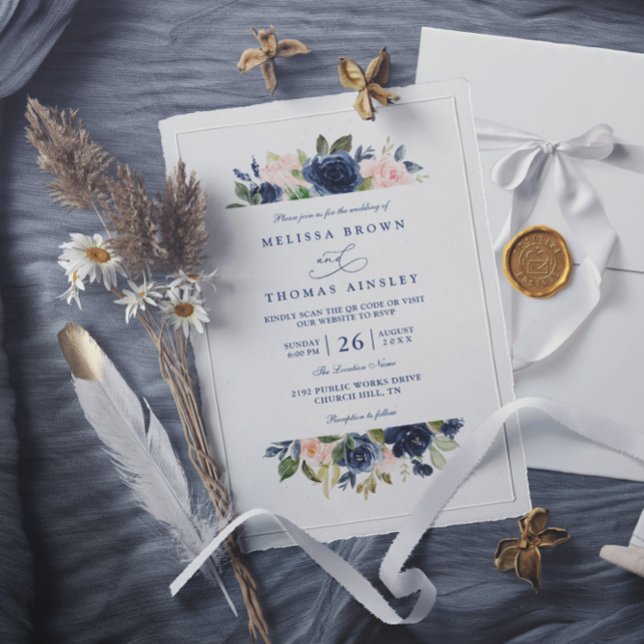 Navy and Blush Rustic Elegant Chic QR Code Wedding Invitation (Creator Uploaded)
