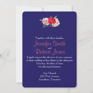 Navy and Blush Stripes Flowers Wedding Invitation