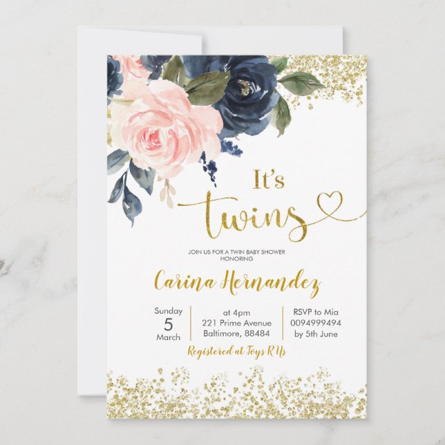 Navy and Blush Twins Baby Shower Invitation (Front)