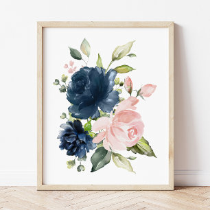 Navy and Blush Watercolor Flowers, Girl Nursery Photo Print